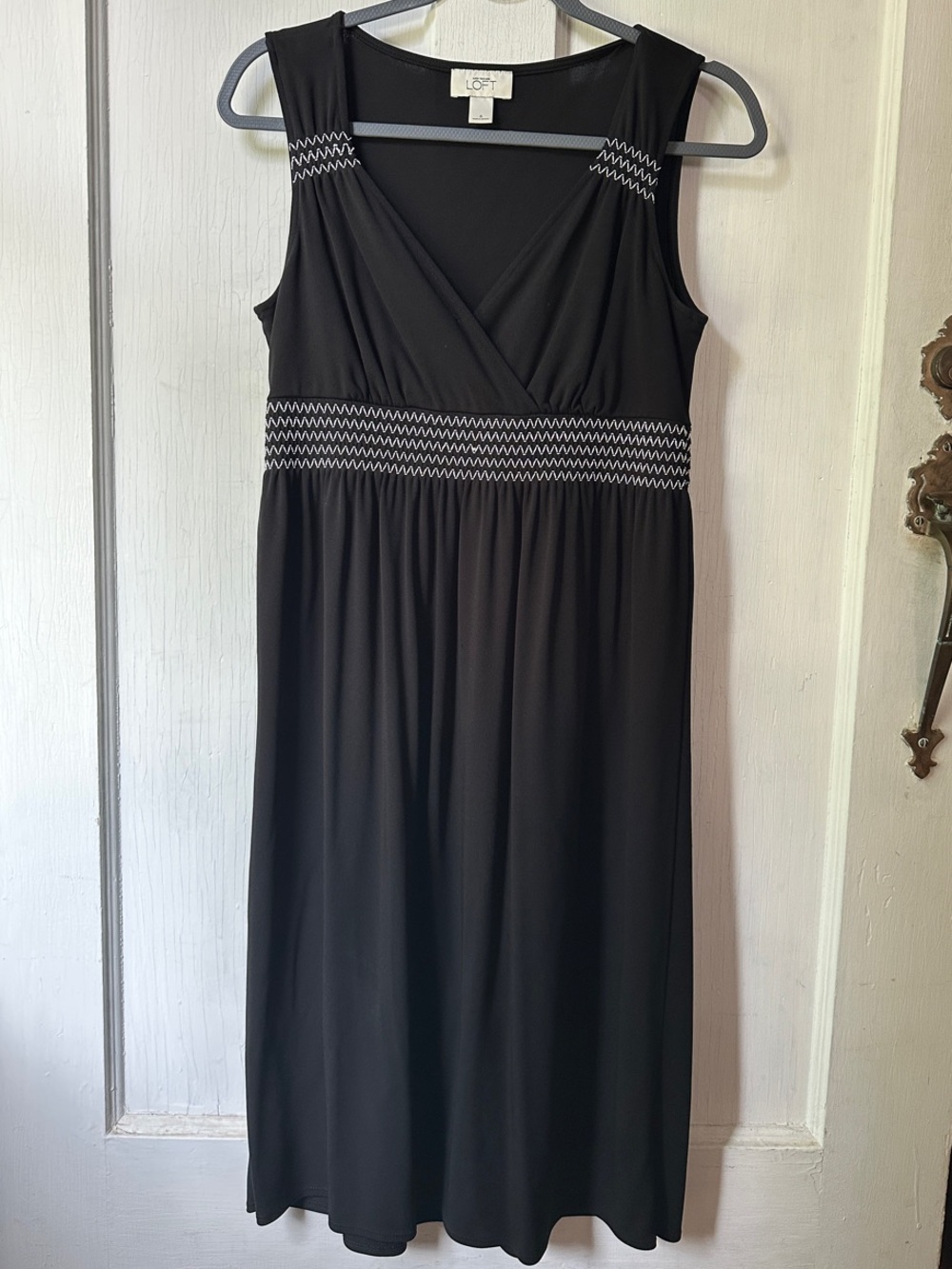 LOFT Black Sleeveless Midi Dress with White Zigzag Trim